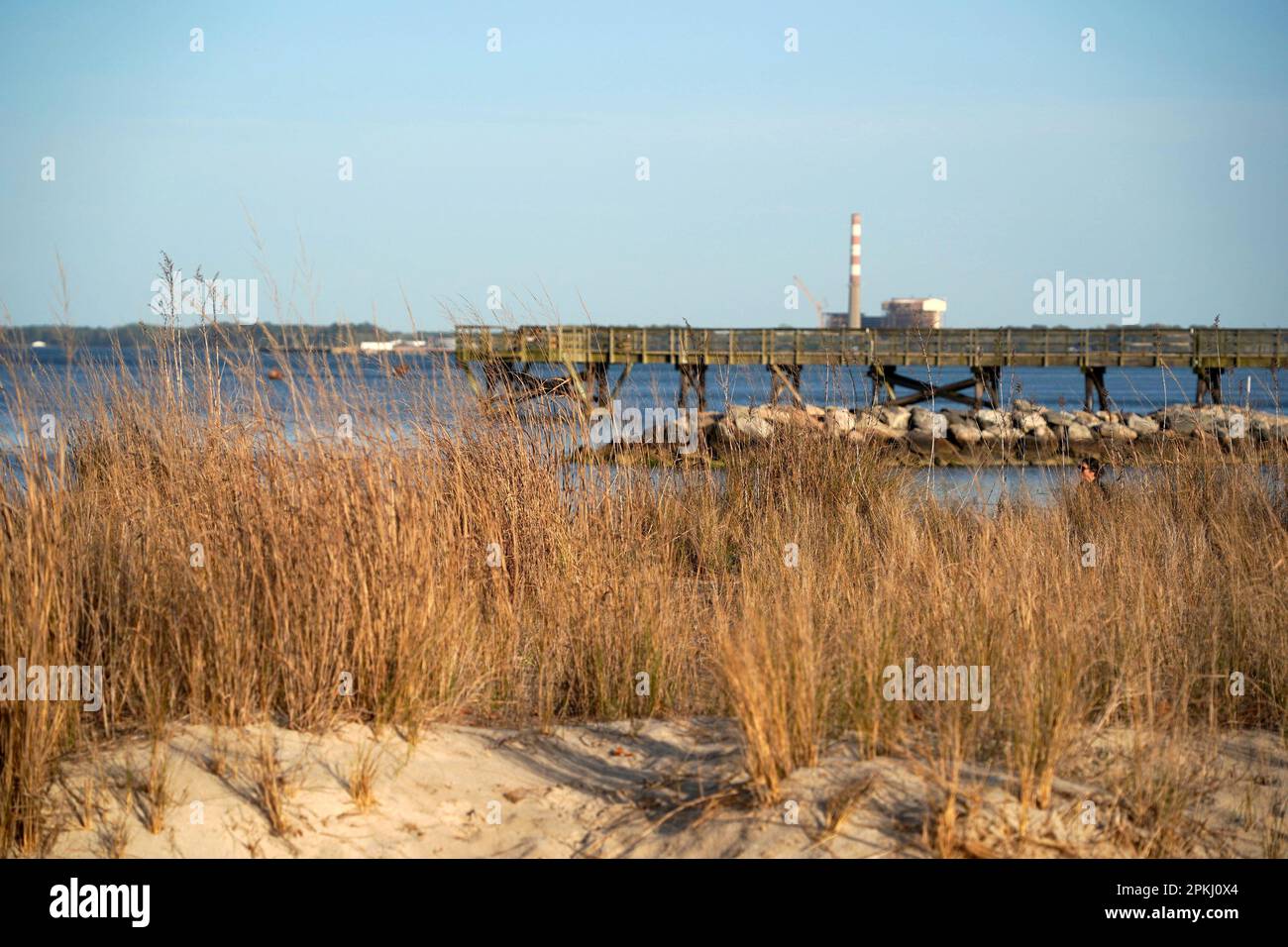 The York river and beach in Yorktown Virginia USA overlooking the