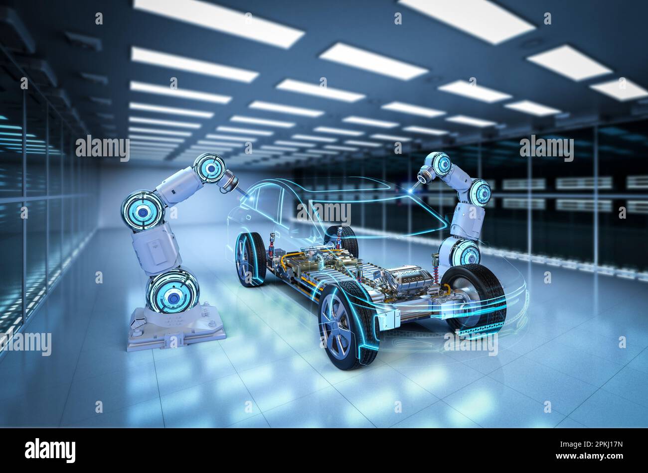 Automation automobile factory concept with 3d rendering robot assembly line with electric car battery cells module on platform Stock Photo