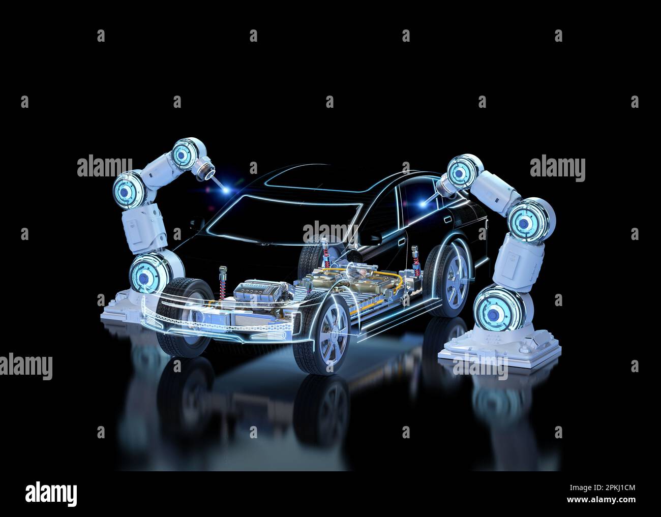 Automation automobile factory concept with 3d rendering robot assembly line with electric car battery cells module on platform Stock Photo