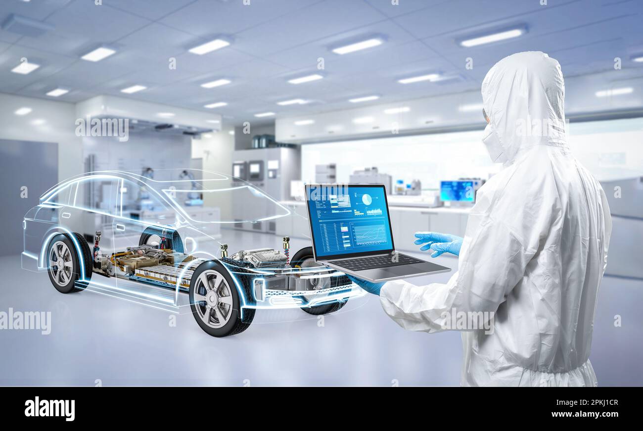 Engineer or technician work with computer notebook for ev car battery