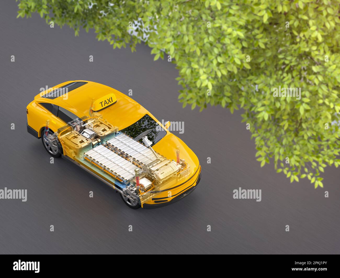 3d rendering yellow ev taxi or electric vehicle with pack of battery cells  module on platform Stock Photo - Alamy