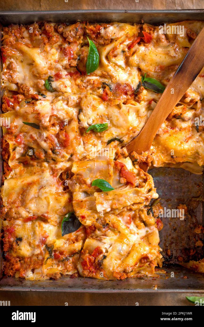 Closeup of a traditional italian lasagna made with minced beef