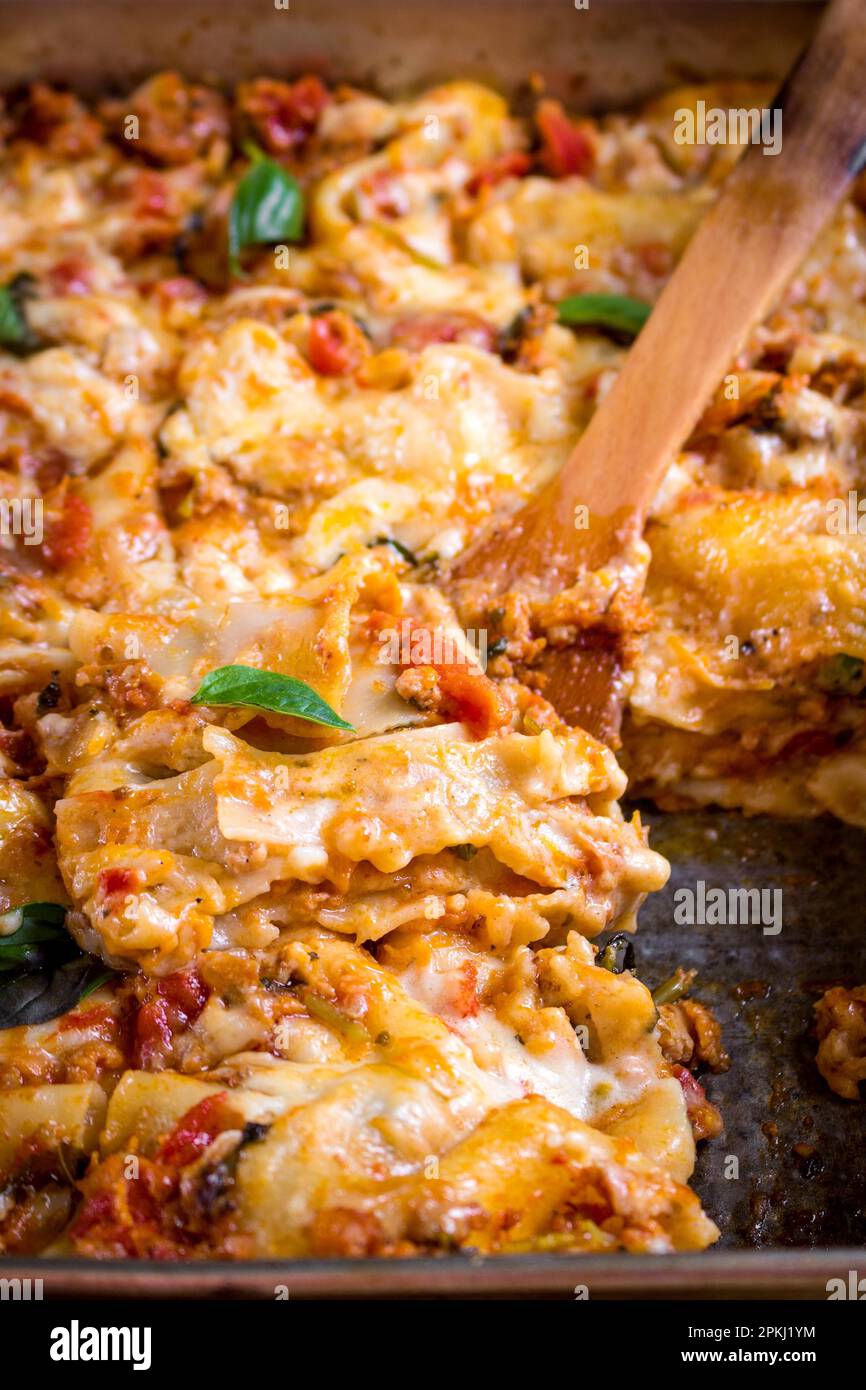 Closeup of a traditional italian lasagna made with minced beef