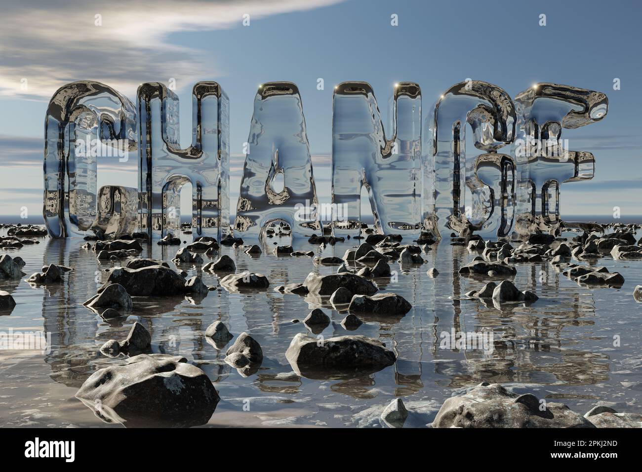 the word "change" consisting of ice in melt water and stony ground 3D