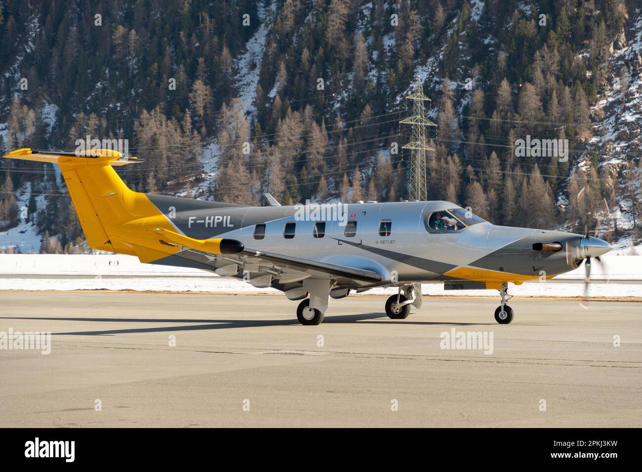 Samedan, Switzerland, February 21, 2023 Pilatus PC-12 NGX propeller aircraft on the apron Stock Photo