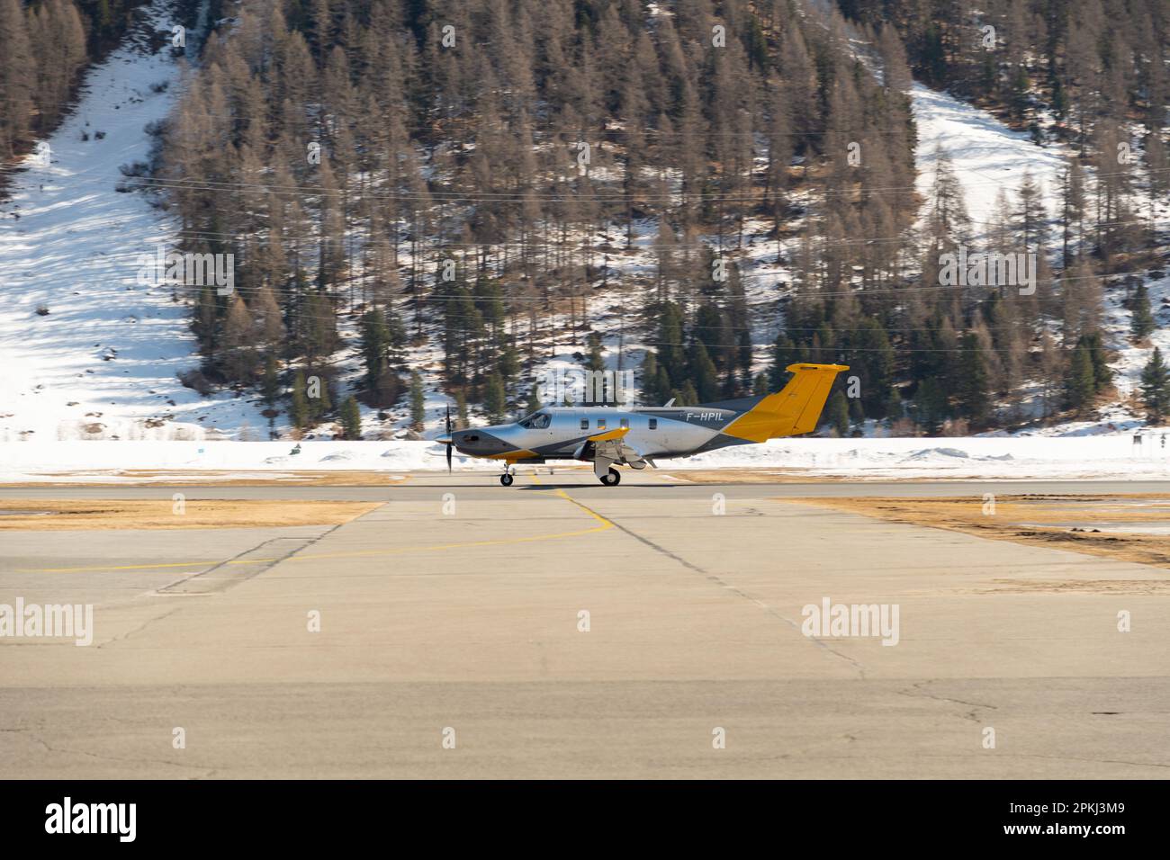 Samedan, Switzerland, February 21, 2023 Pilatus PC-12 NGX propeller aircraft on the apron Stock Photo