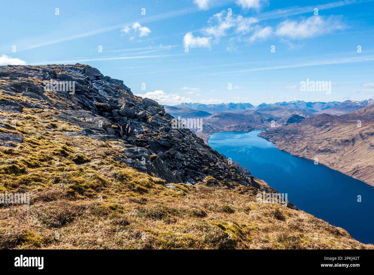 The summit (left) of the Scottish Munro Mountain of Stob Coire Sgriodain near Spean Bridge, Scotland. Loch Treig can be seen below Stock Photo