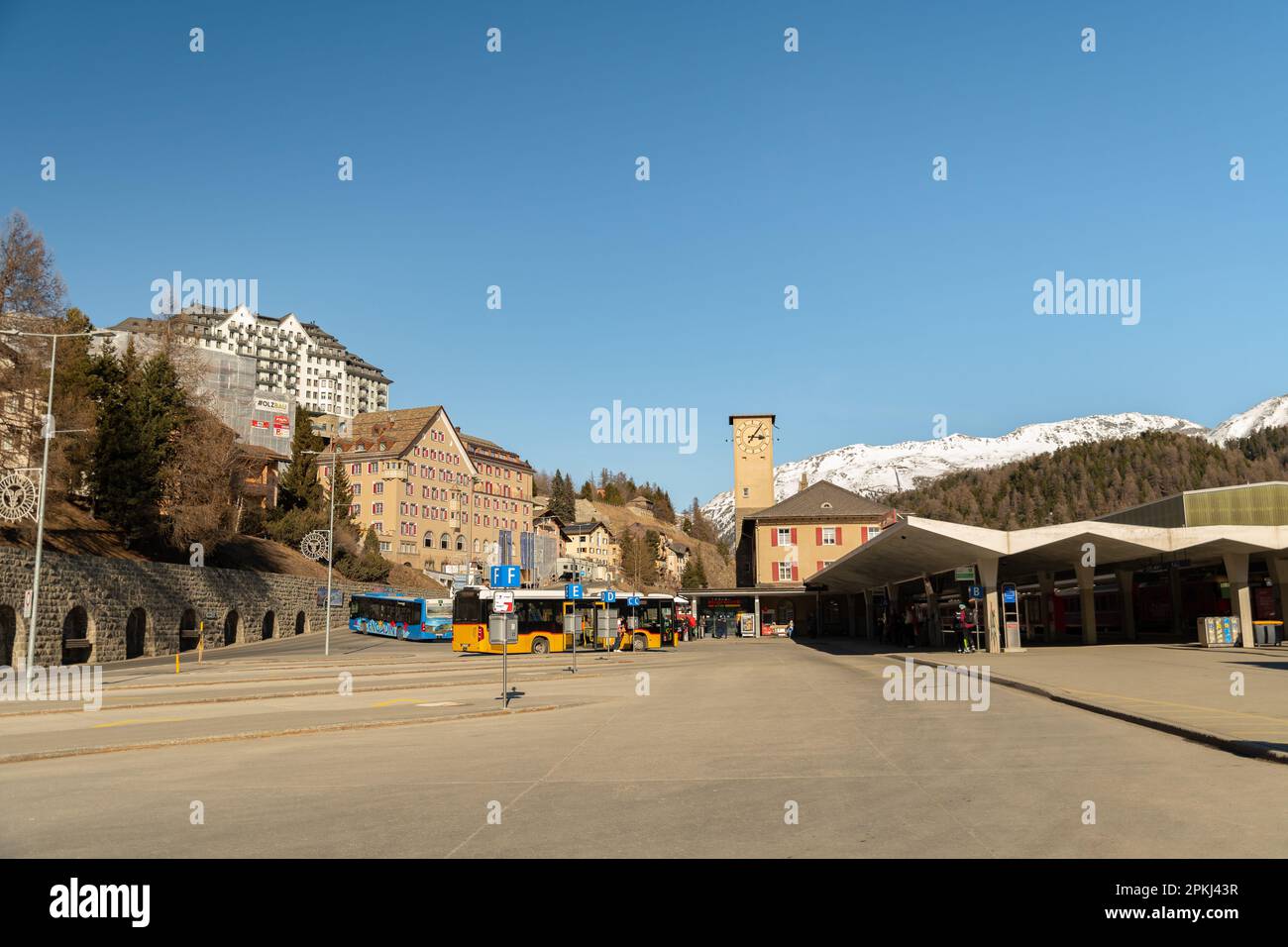 Saint Moritz, Switzerland, February 21, 2023 Train station building in the city center Stock
