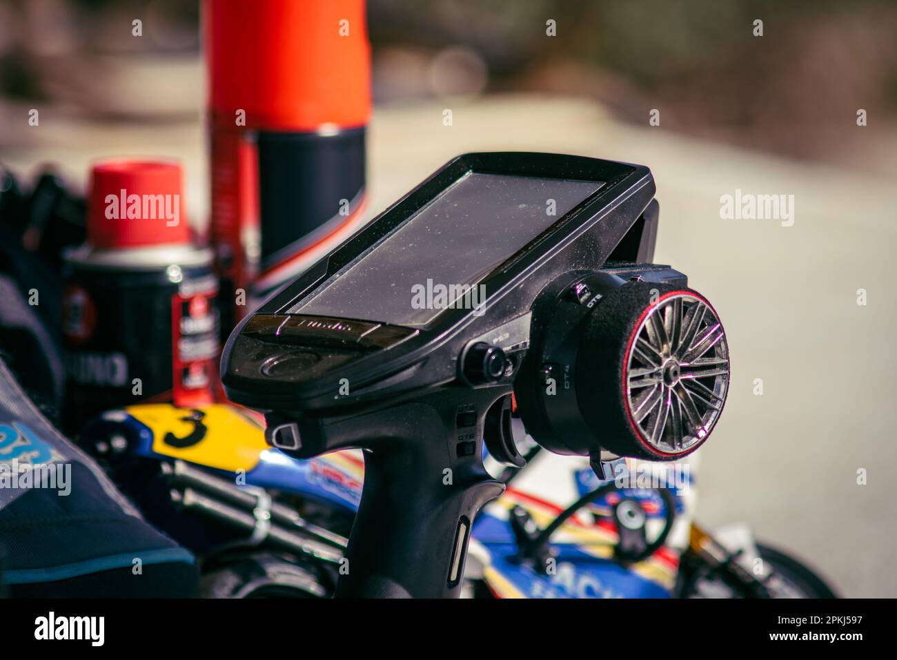 Radiocontrolled car control touring race track, asphalt bottom, real racing circuit. Finish