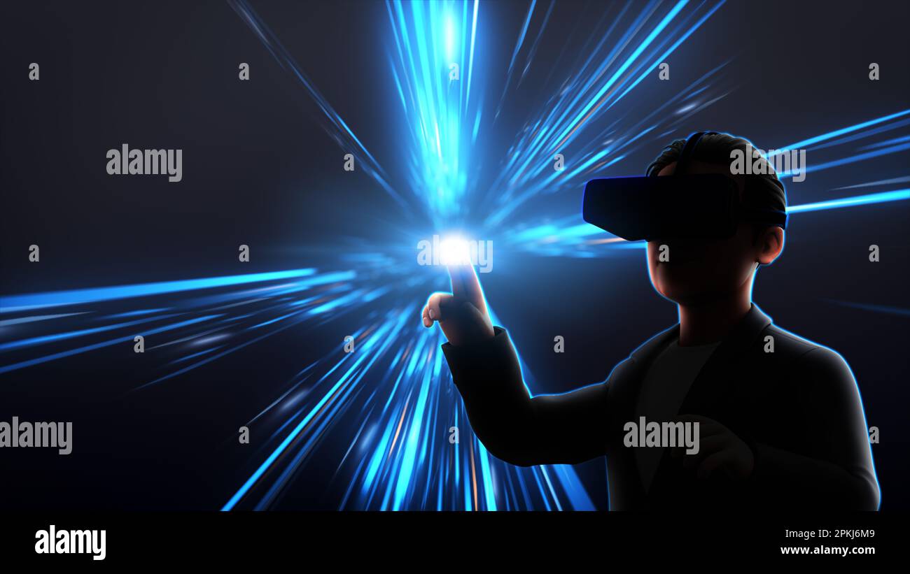 Young man wearing virtual reality goggles or 3d glasses and touching light over of light rays toned in blue background. Stock Photo