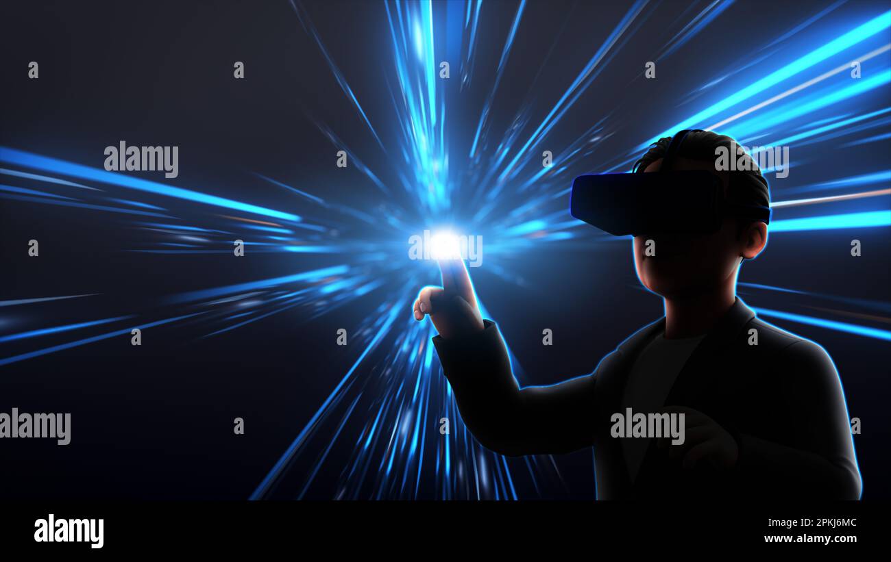 Young man wearing virtual reality goggles or 3d glasses and touching light over of light rays toned in blue background. Stock Photo