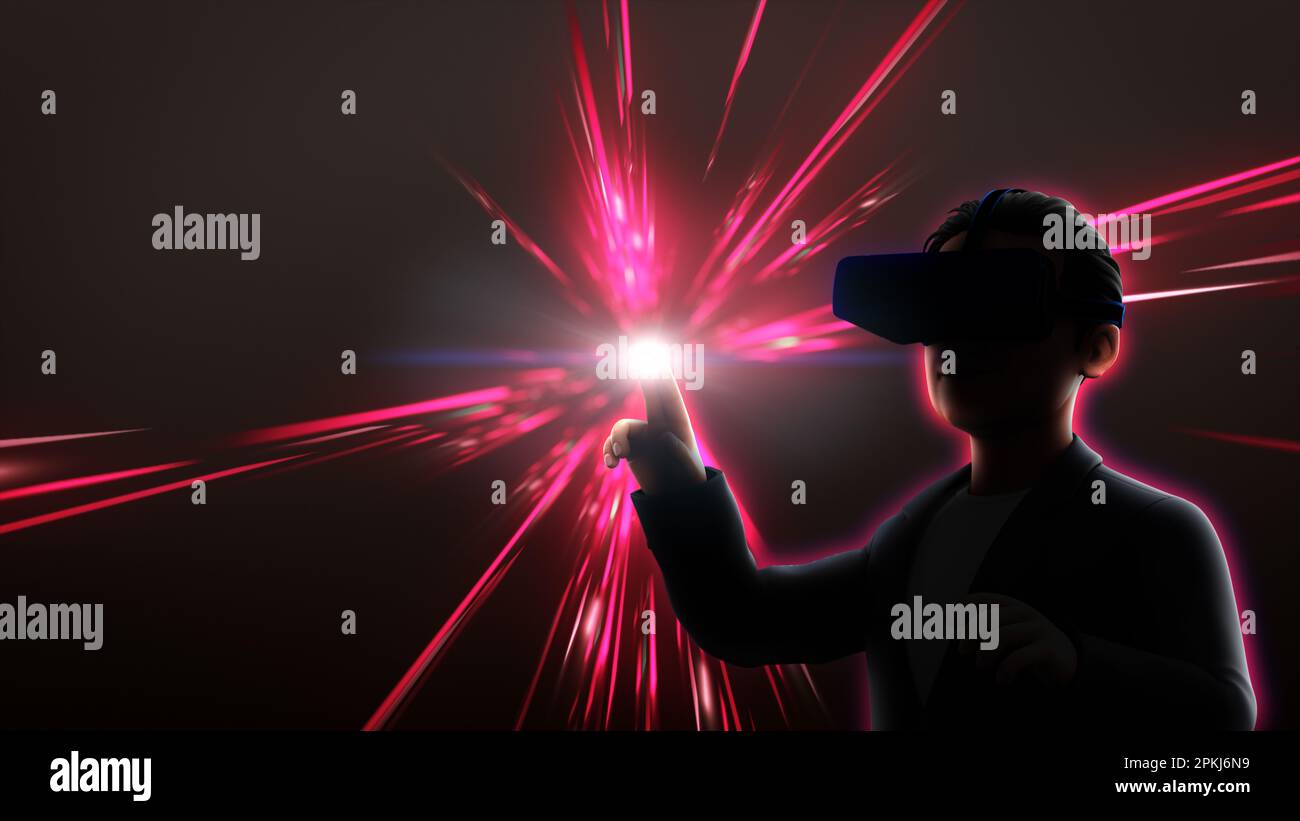 Young man wearing virtual reality goggles or 3d glasses and touching light over of light rays toned in red pink background. Stock Photo