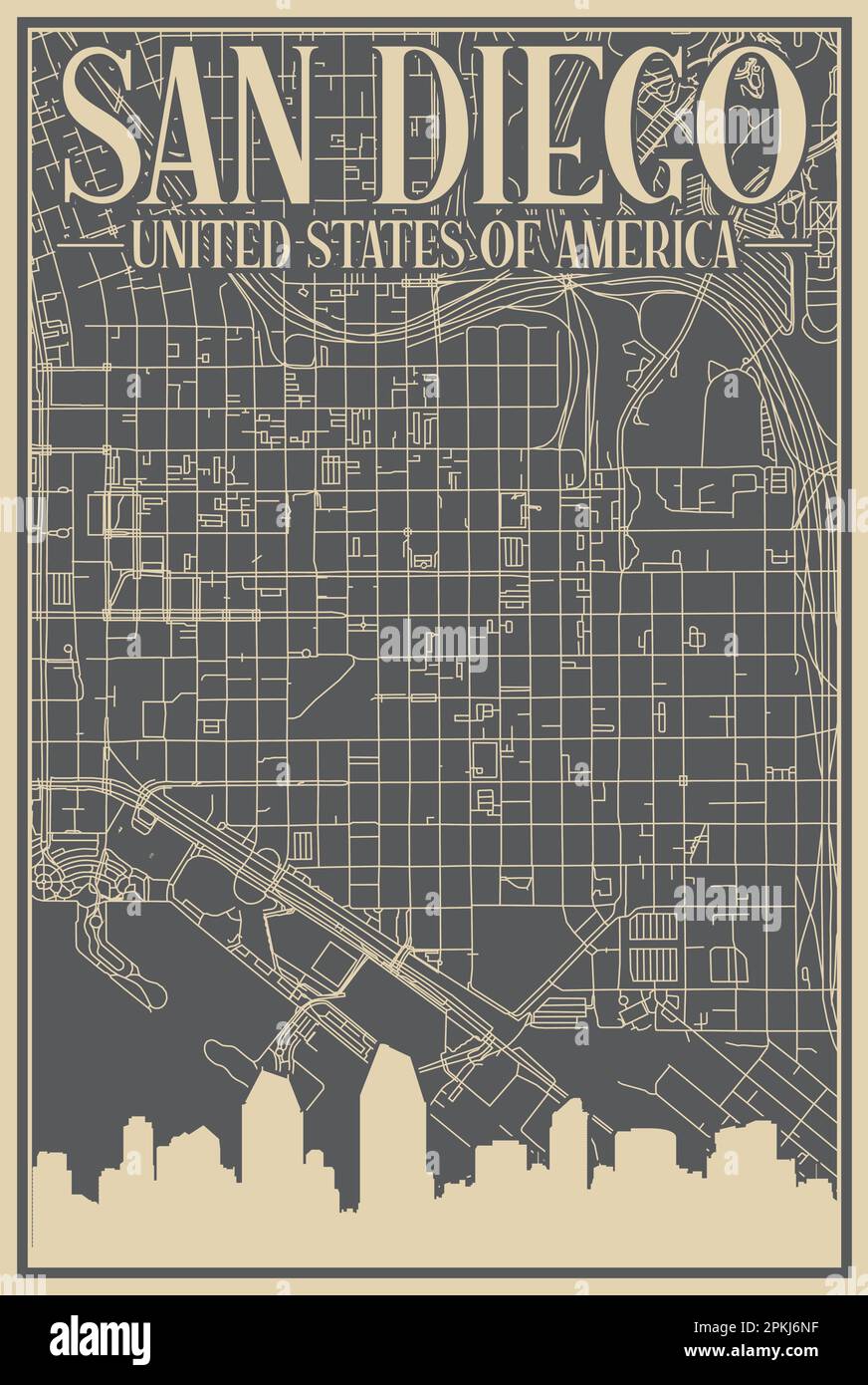 Road network poster of the downtown SAN DIEGO, UNITED STATES OF AMERICA