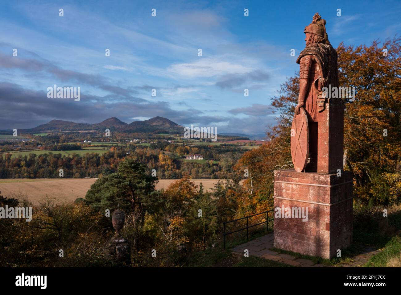 The Wallace Monument on the Bemersyde estate which stands high above the River Tweed looking towards the Eildons. Stock Photo