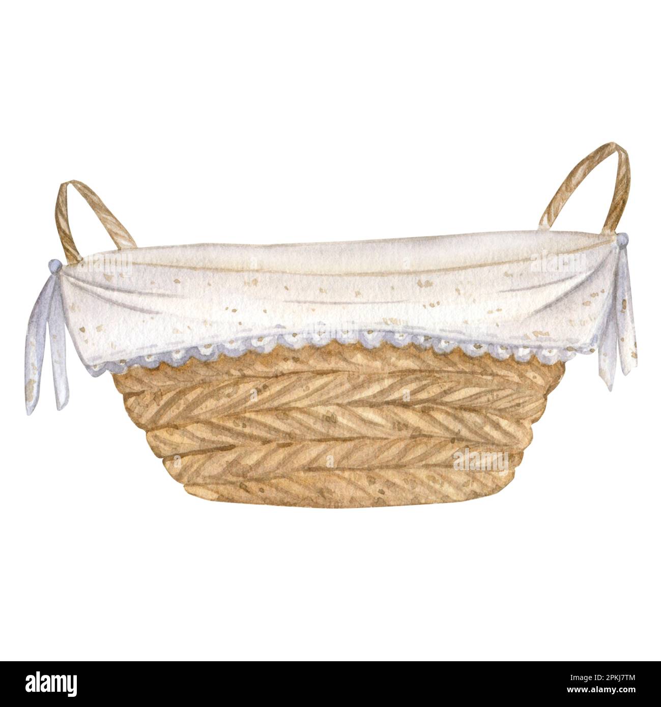 Watercolor illustration of an empty wicker basket with handles and ...