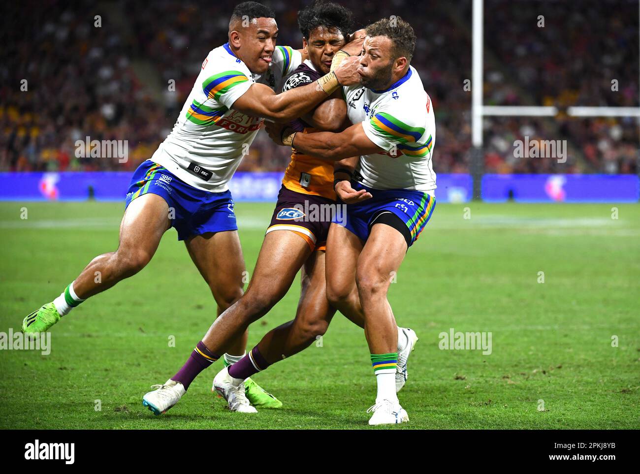 Brisbane, Australia. May 18, 2023. Selwyn Cobbo of the Broncos scores a try  during the NRL Round 12 match between the Brisbane Broncos and the Penrith  Panthers at Suncorp Stadium in Brisbane