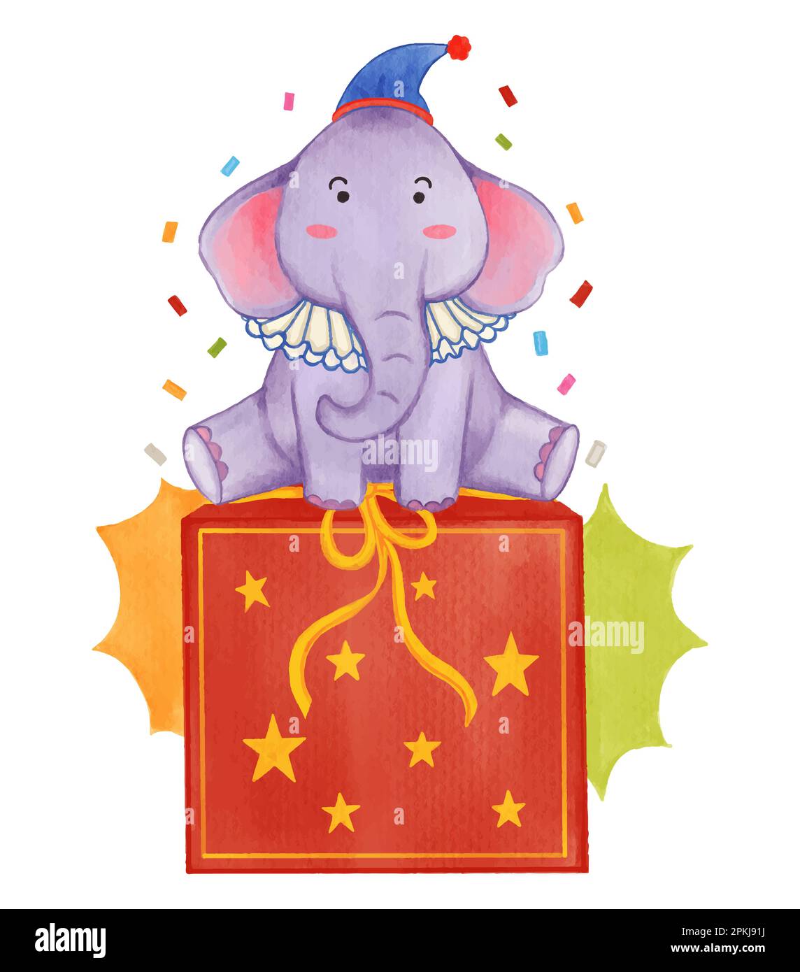 Elephant animal with circus costume sitting on magical box . Realistic watercolor paint with paper textured . Cartoon character design . Vector . Stock Vector