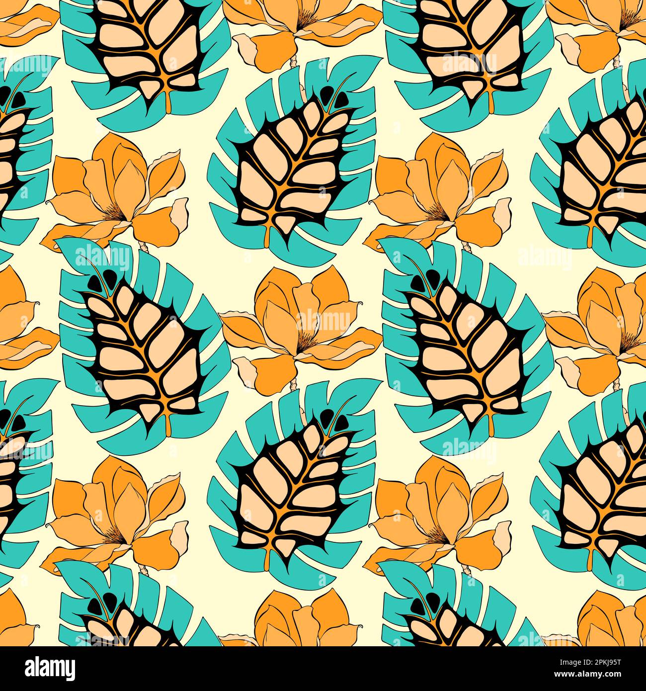 Pattern Tropical Leaves And Magnolia Hand Drawn Vector Illustration 