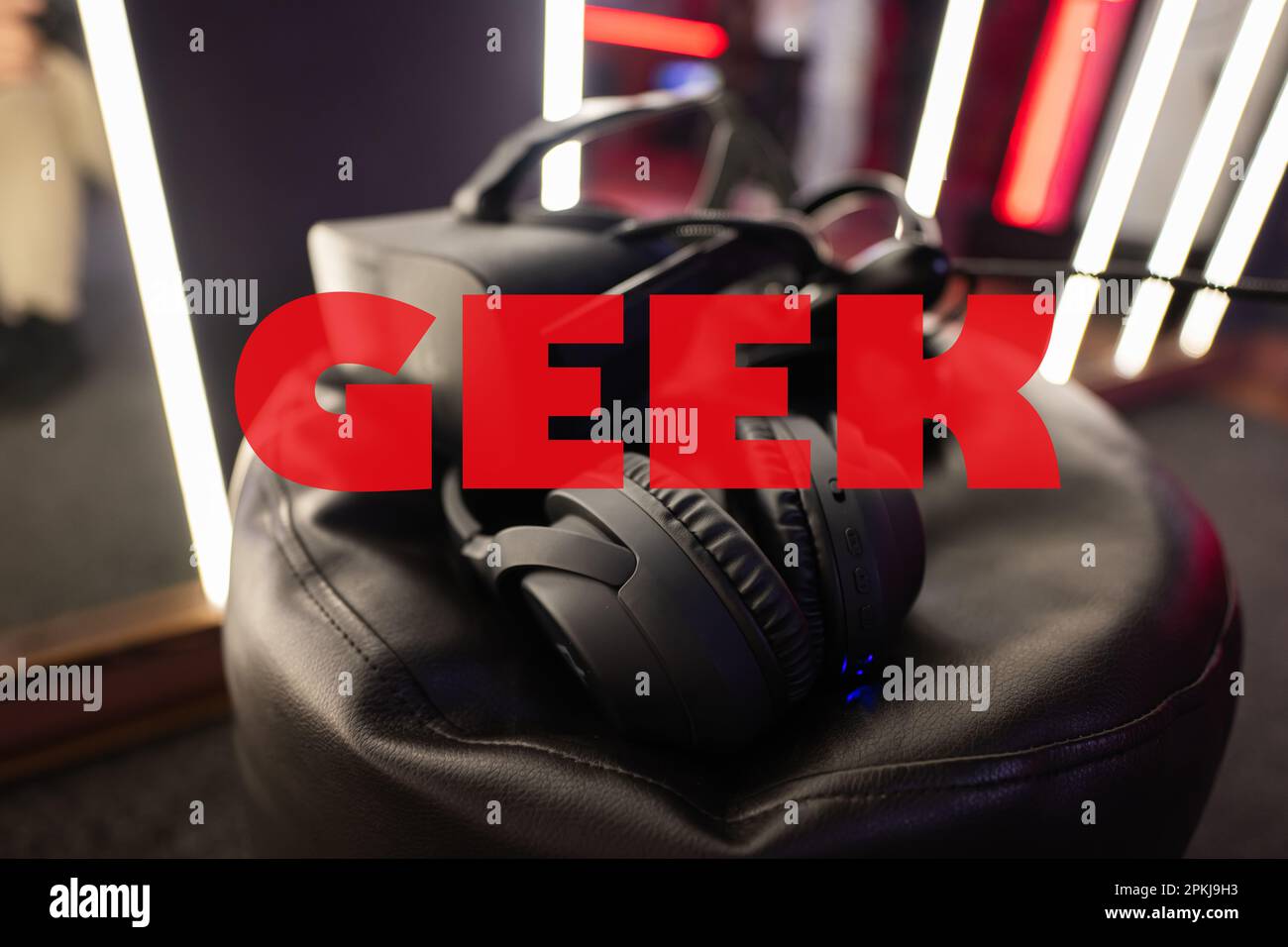 Geek concept. Professional headphones with microphone and vr glasses
