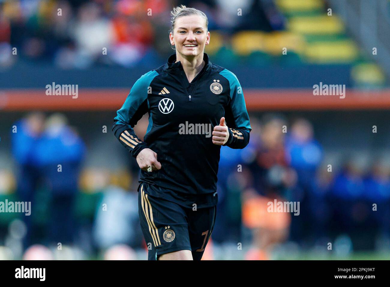 firo : 07.04.2023, football, soccer, friendly match DFB women country game national team Netherlands - Germany Alexandra Popp (Germany) laughsd, laughs, Stock Photo