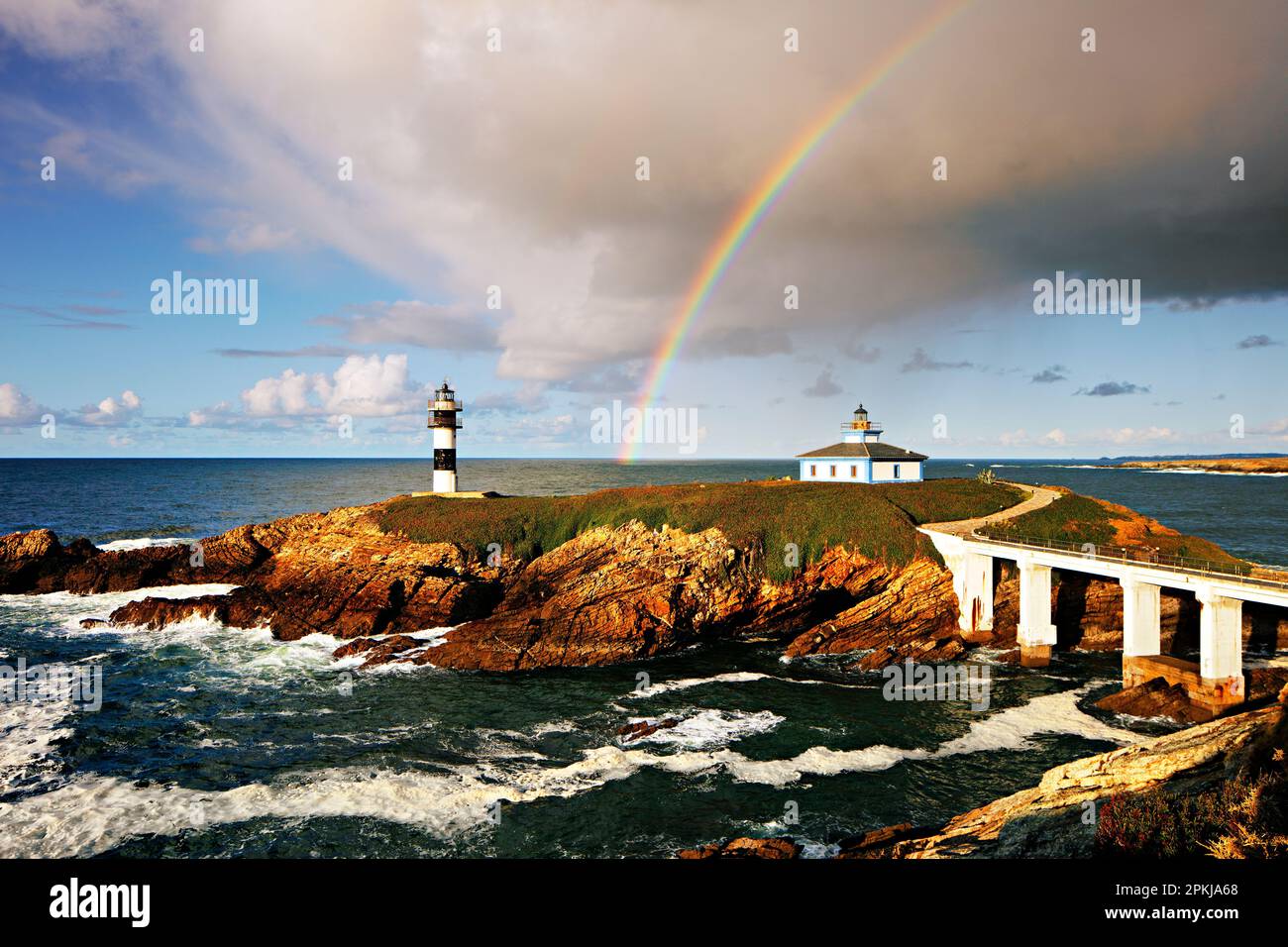 Rainbow, Lighthouse of Illa Pancha, Ribadeo, Galicia, Spain Stock Photo
