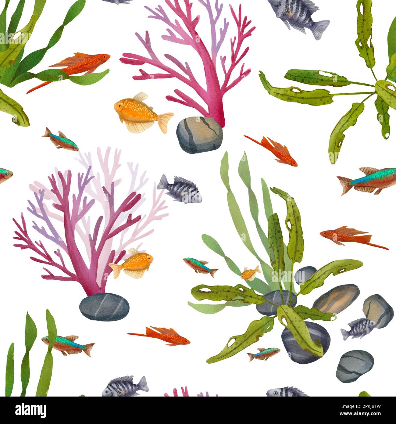Seamless pattern with exotic fish and algae. Watercolor illustration ...