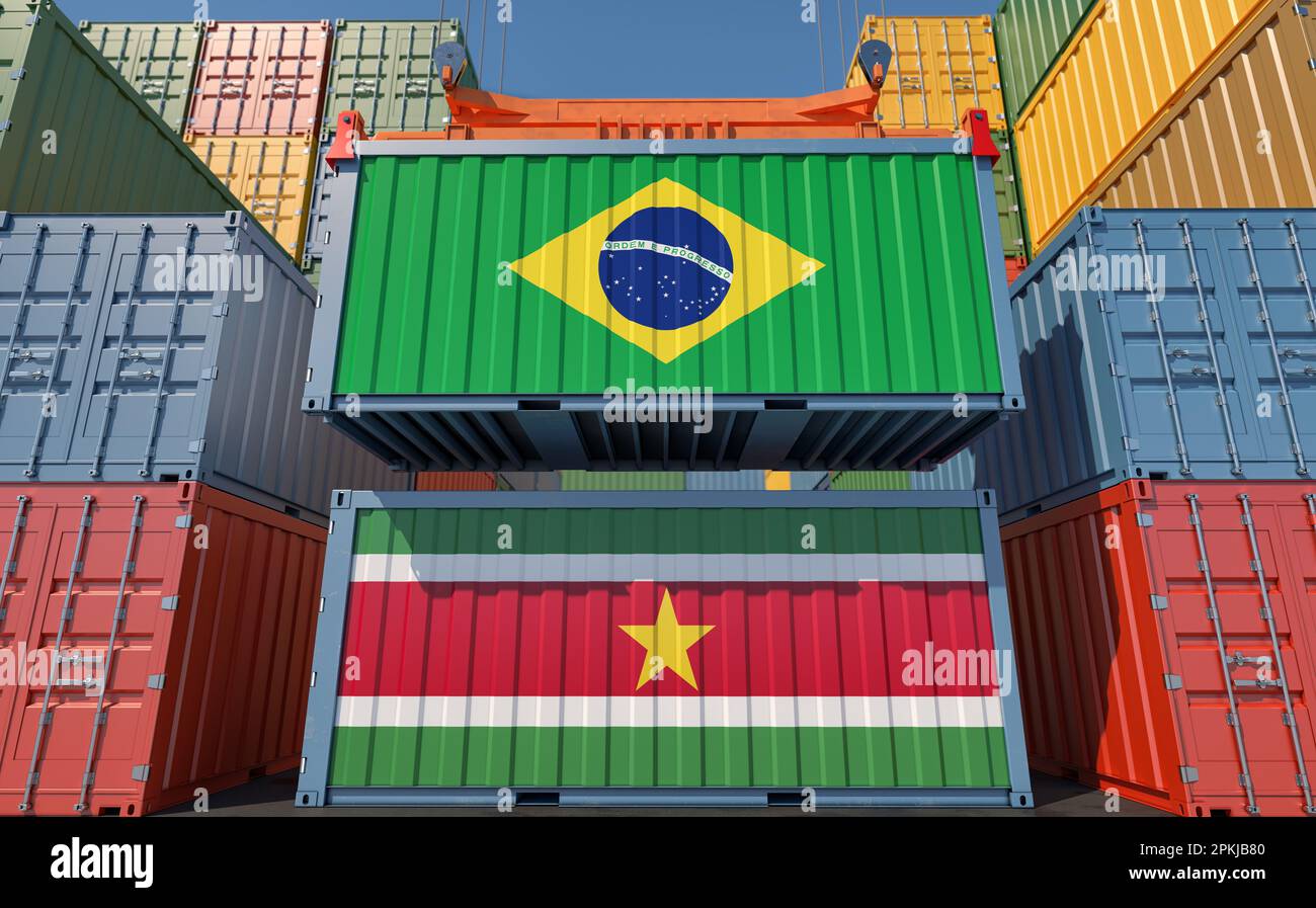 Cargo containers with Suriname and Brazil national flags. 3D Rendering ...