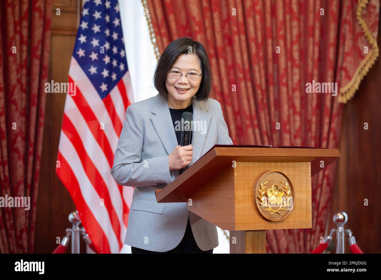 In this photo released by the Taiwan Presidential Office, Taiwan's President Tsai Ing-wen, speaks at a luncheon during a visit by a Congressional delegation to Taiwan in Taipei, Taiwan, Saturday, April 8, 2023. China sent warships and dozens of fighter jets toward Taiwan on Saturday, the Taiwanese government said, in retaliation for a meeting between the U.S. House of Representatives speaker and the president of the self-ruled island democracy claimed by Beijing as part of its territory. (Taiwan Presidential Office via AP) Stock Photo