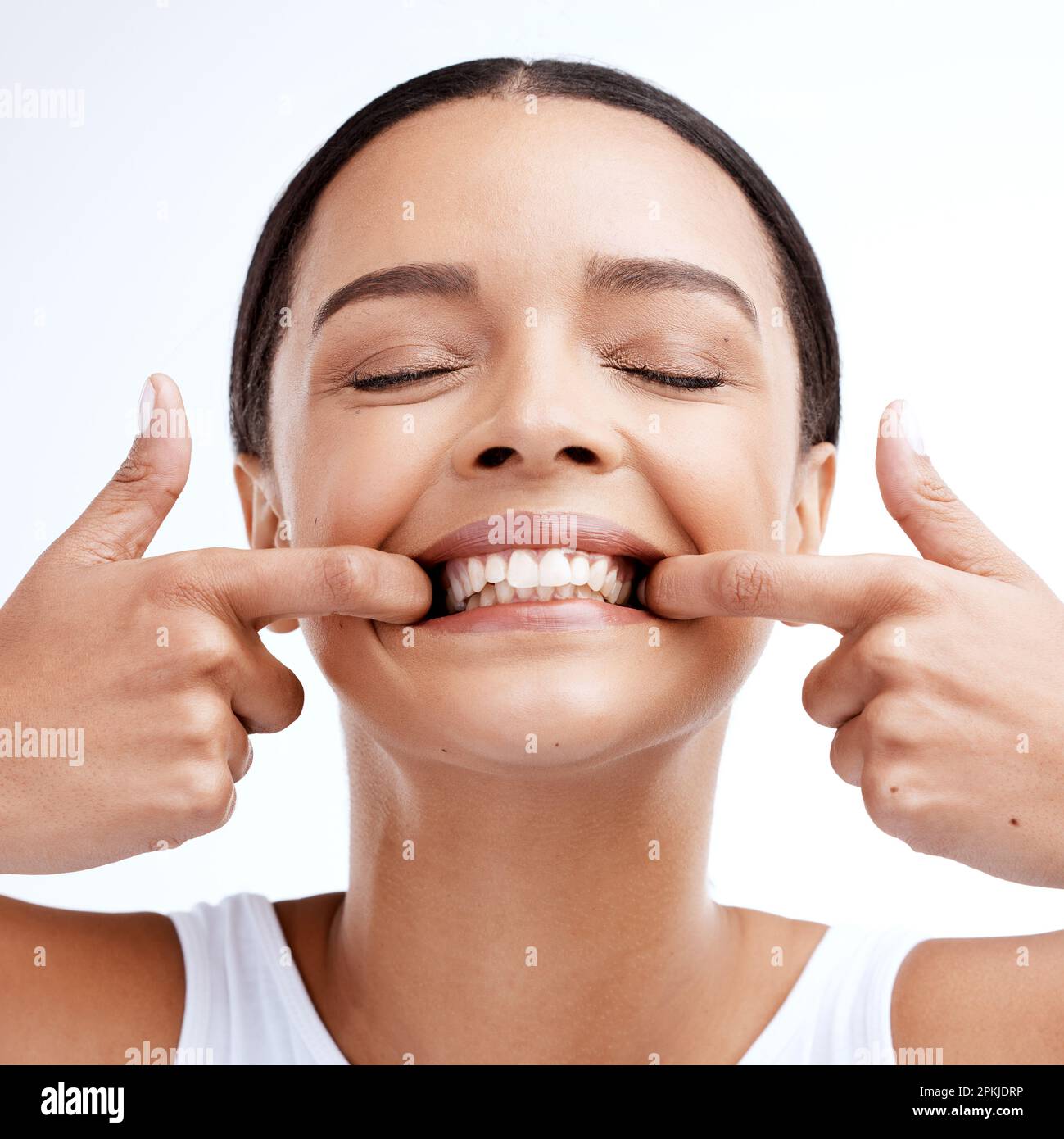 Dental, woman and mouth care in studio for teeth whitening, hygiene and