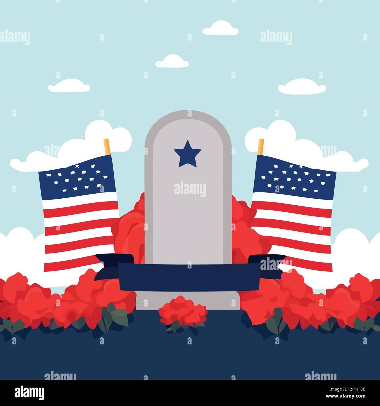 grave in cemetery with red flowers and flag of the united states ...