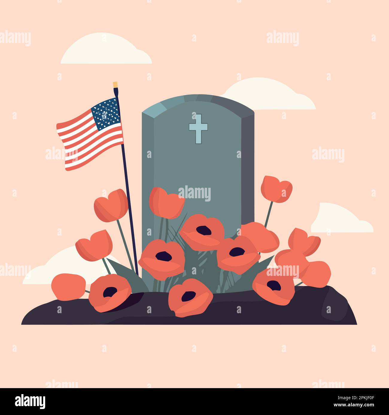 grave in cemetery with red flowers and flag of the united states ...