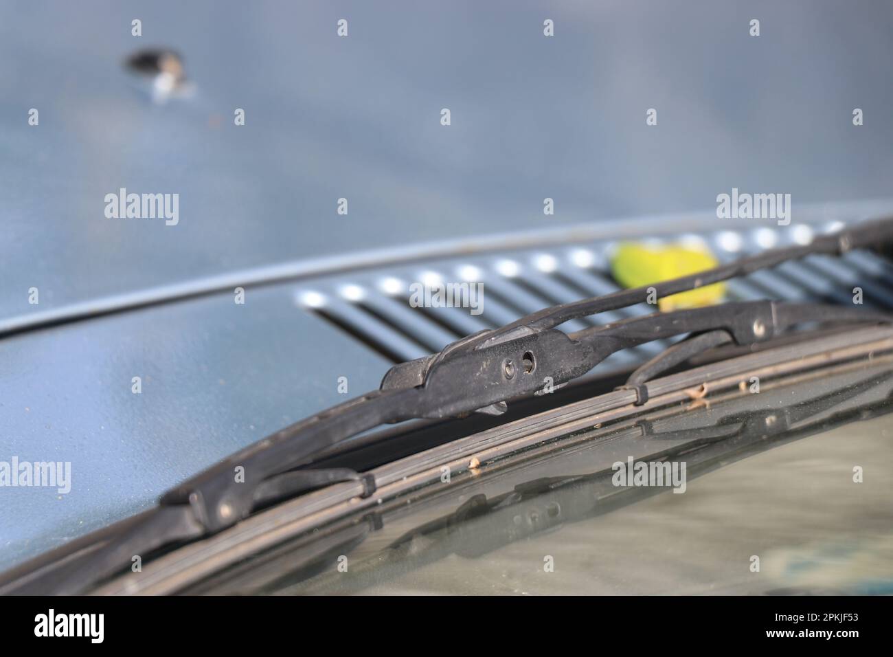 View of a car wiper placed on a windshield in a natural light Stock Photo