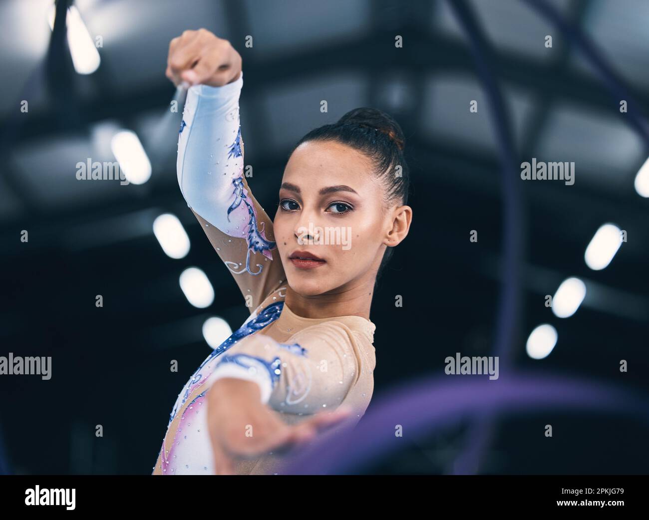 Portrait of woman, ribbon gymnastics and dance for performance, sports