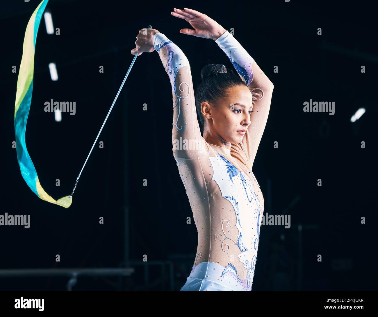 Ribbon gymnastics, woman and dancer competition in talent show