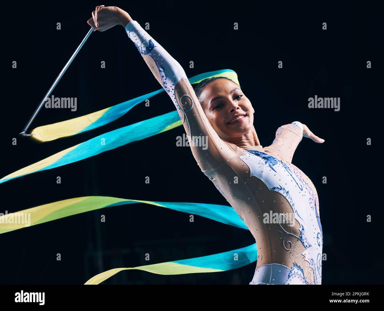 Ribbon gymnastics, woman and portrait on black background of dancer