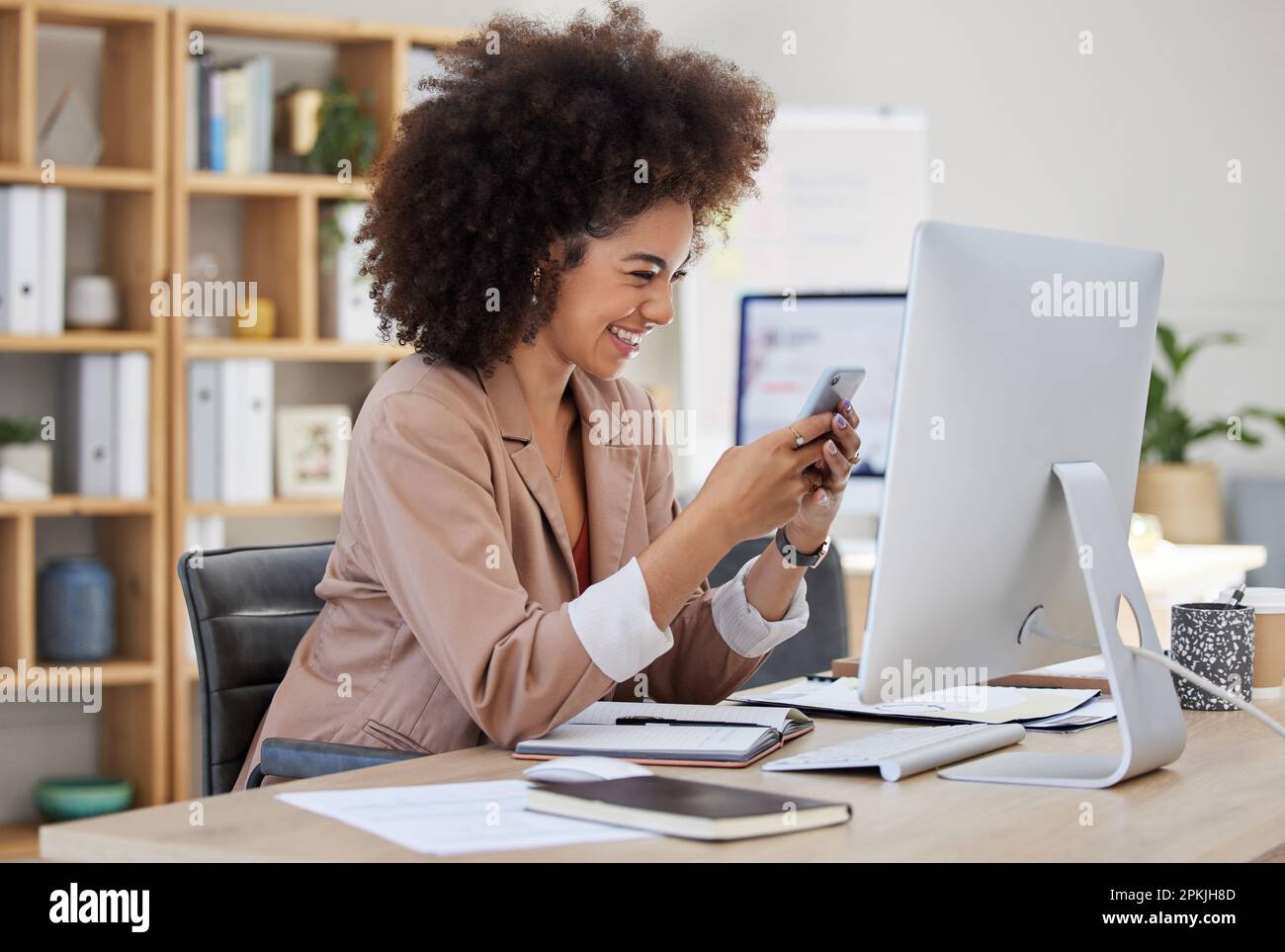 Office, phone or happy woman laughing at meme on social media or ...