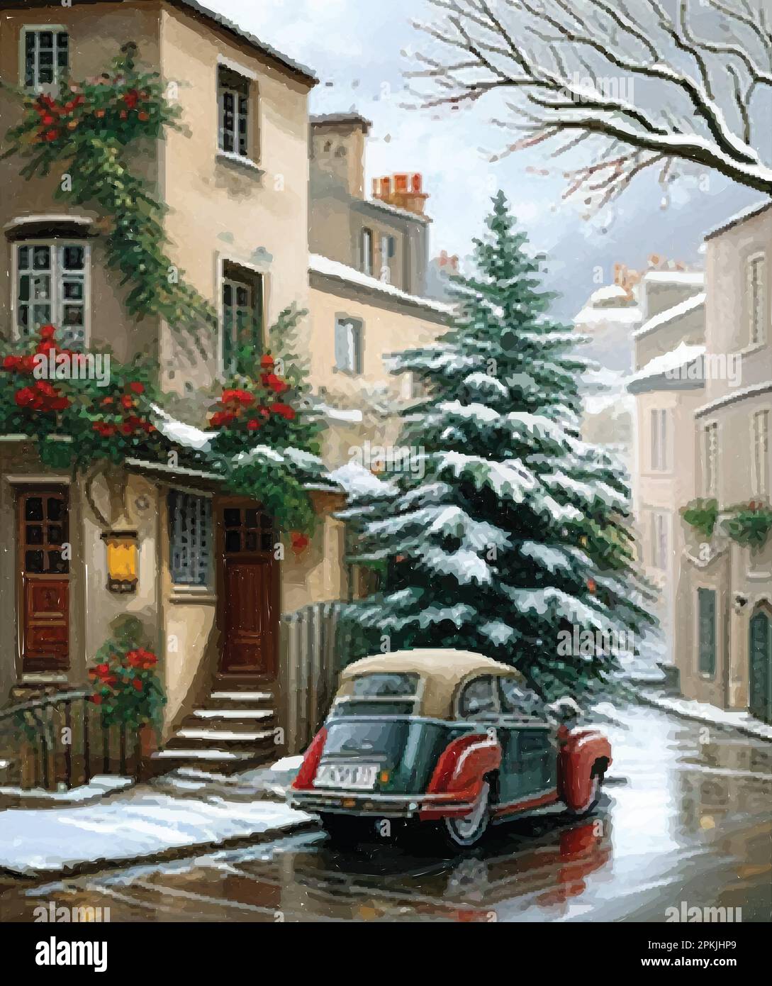 Christmas town village street at winter day, vector illustration Stock ...