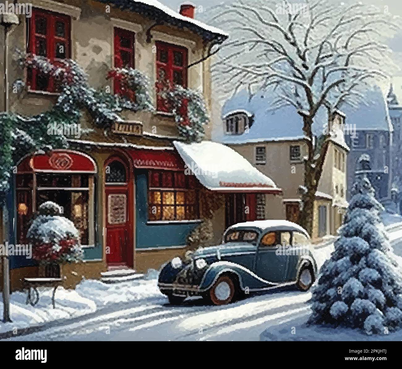 Christmas town village street at winter day, vector illustration Stock ...