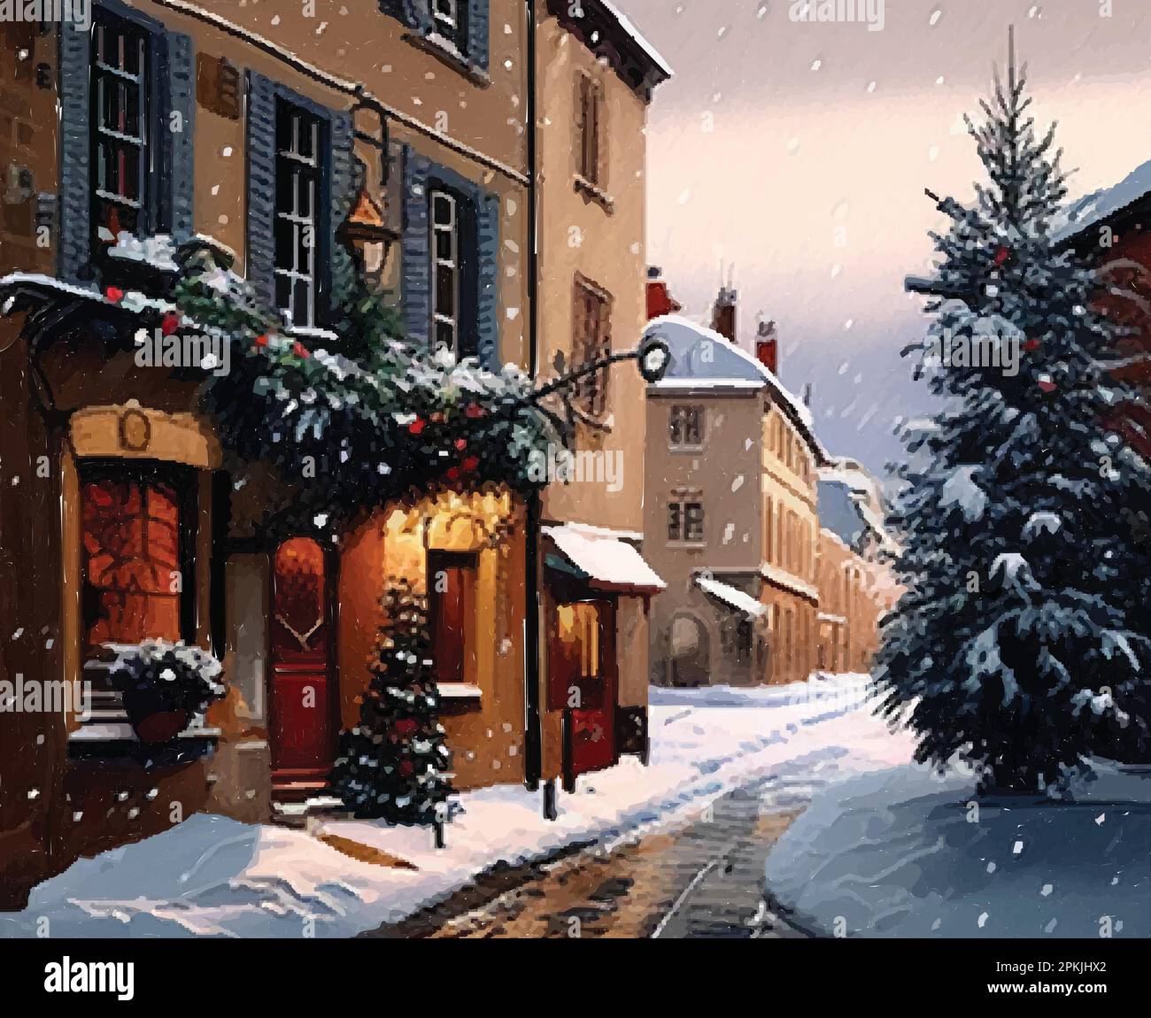 Christmas town village street at winter day, vector illustration Stock ...