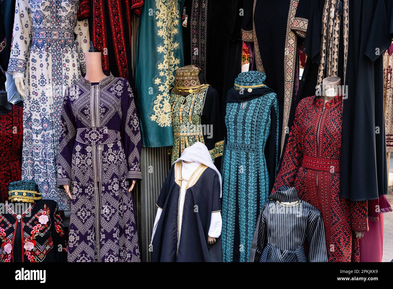 Traditional Jordanian Women's Abaya Dresses Colorfully Embroidered at a Shop in Amman, jordan Stock Photo