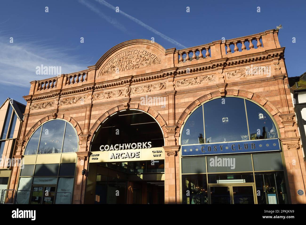 The refurbished entrance to the Coachworks Arcade in the former library building that forms part of the Northgate development in Chester city centre U Stock Photo