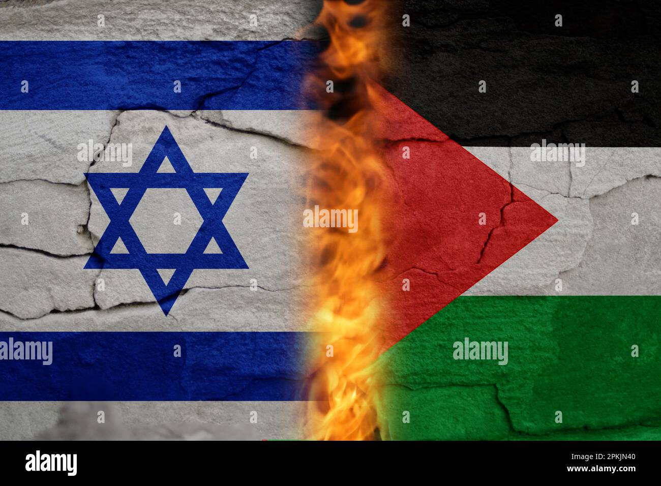 Israel Palestine war. Concept of crisis of war and political conflicts between nations. Flags. Fire, flames. Cracked stone background. Out of focus. Stock Photo