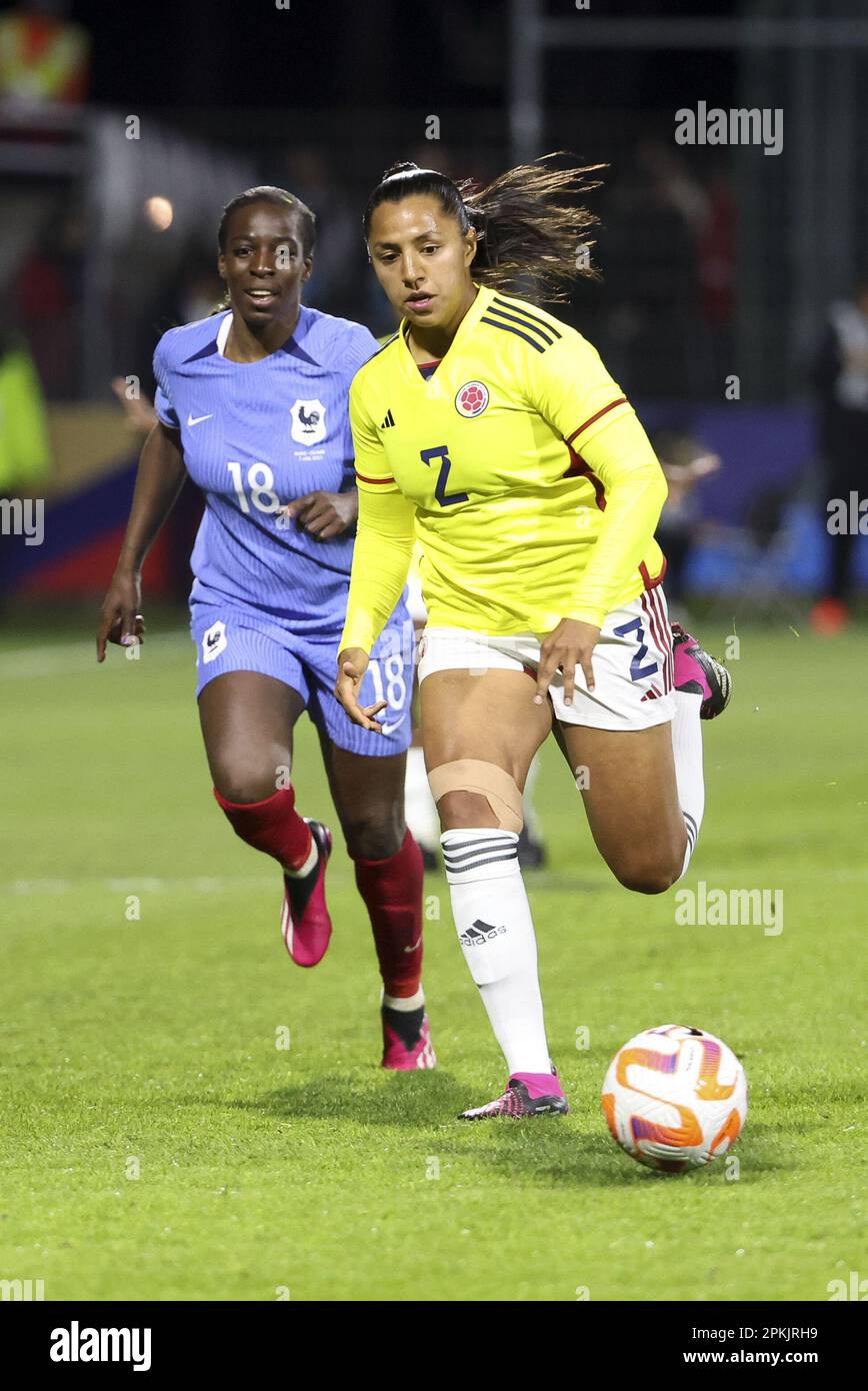 April 7, 2023, Rome, France: Manuela Vanegas of Colombia, Viviane Asseyi of  France (left) during the Women's Friendly football match between France  and Colombia on April 7, 2023 at Stade Gabriel-Montpied in
