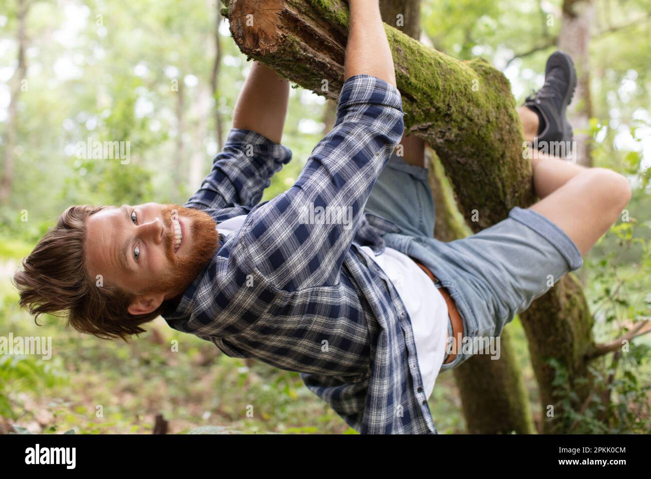 happy man hugging tree bark Stock Photo - Alamy