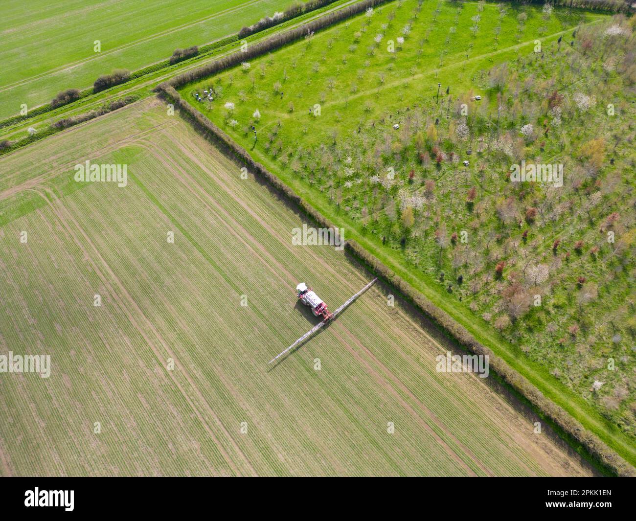 Willingham Cambridgeshire, UK. 8th Apr, 2023. A farmer makes the most of the warm, sunny spring weather and applies a treatment to arable farmland in the Fens on the Easter weekend. Credit: Julian Eales/Alamy Live News Stock Photo