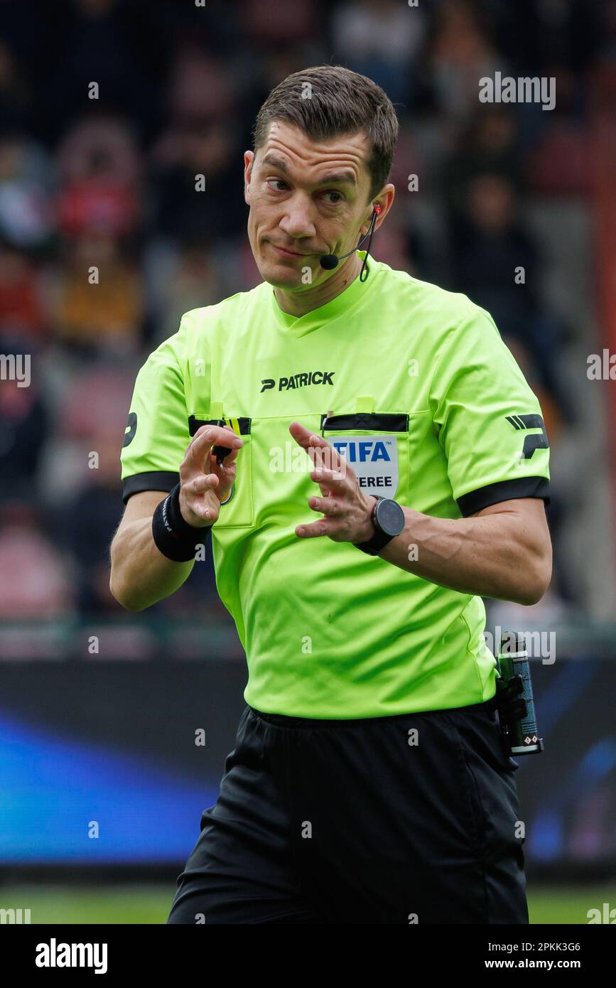 Kortrijk, Belgium. 08th Apr, 2023. Referee Jonathan Lardot pictured during a soccer match between KV Kortrijk and KAS Eupen, Saturday 08 April 2023 in Heule, Kortrijk, on day 32 of the 2022-2023 'Jupiler Pro League' first division of the Belgian championship. BELGA PHOTO KURT DESPLENTER Credit: Belga News Agency/Alamy Live News Stock Photo