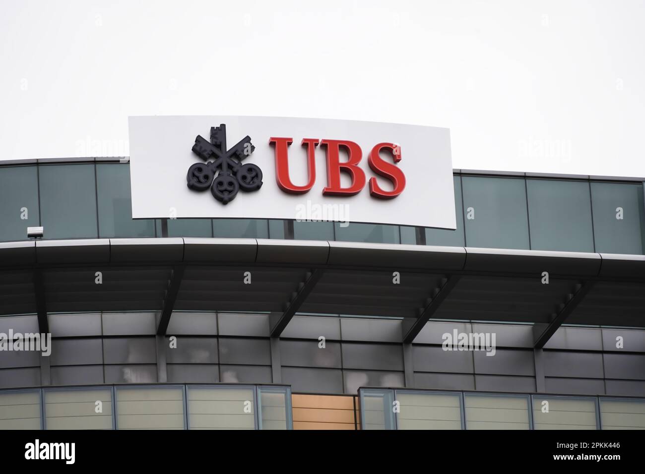 Stamford, CT - April 7, 2023 : UBS banking logo on a city office building in Connecticut, U.S.A. Stock Photo