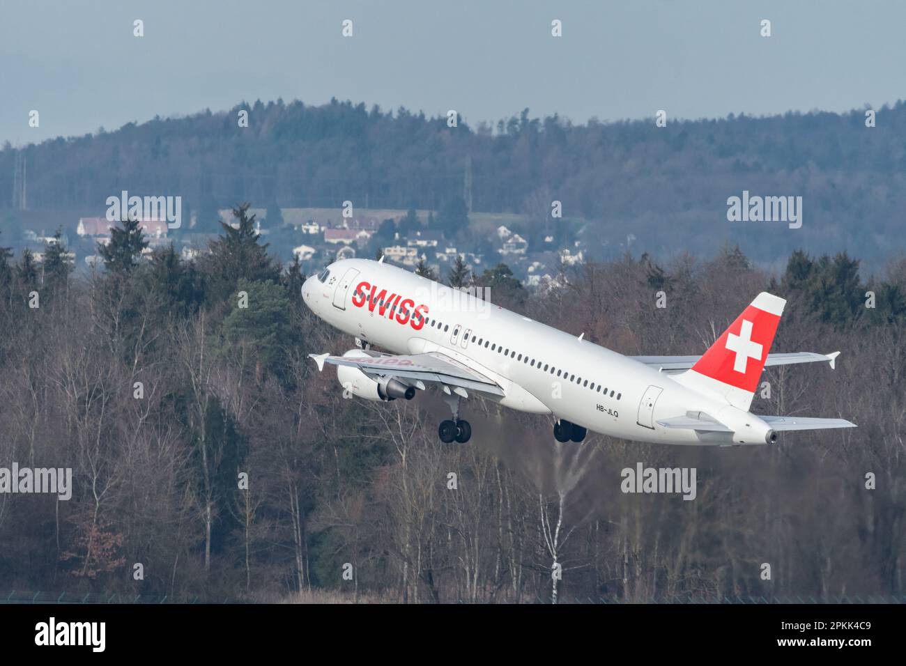 Zurich, Switzerland, January 2, 2023 Swiss international airlines Airbus A320-214 aircraft takeoff from runway 28 Stock Photo