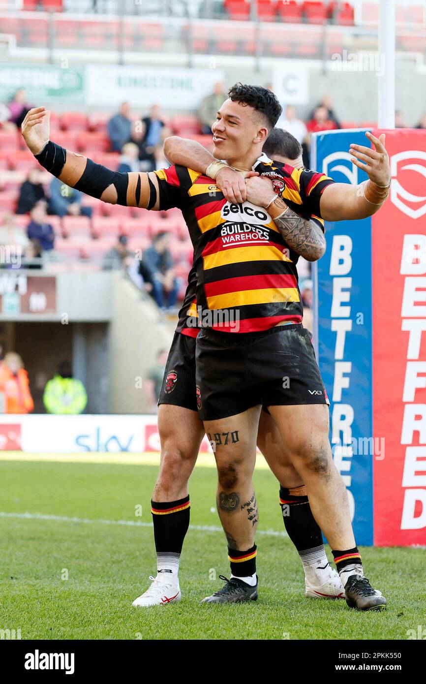 Salford Red Devils Tyler Dupree celebrates after his try during the