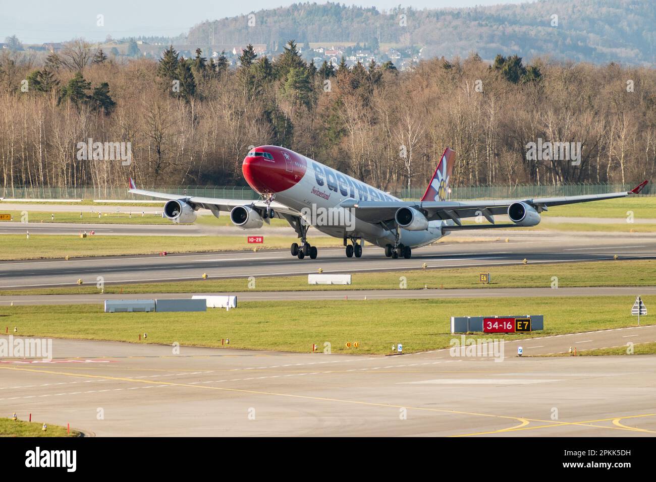 Zurich, Switzerland, January 2, 2023 Edelweiss Airbus A340-313X aircraft is taking off from runway 16 Stock Photo